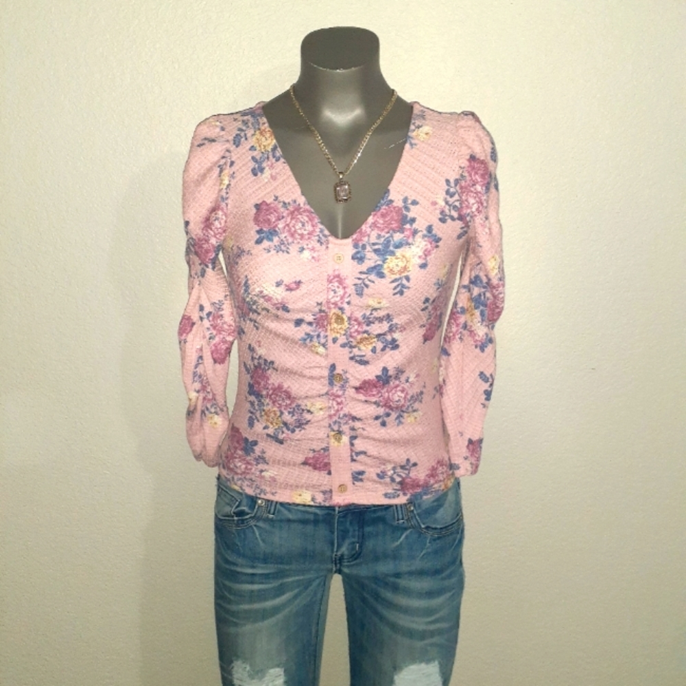 Crave Fame Medium pink floral long sleeve shirt